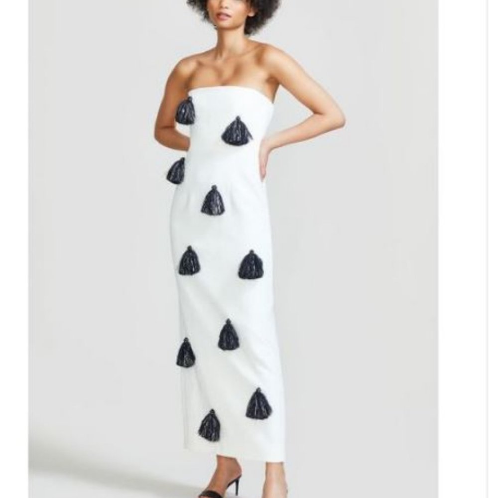 LELA ROSE WHITE TASSEL COLUMN DRESS
